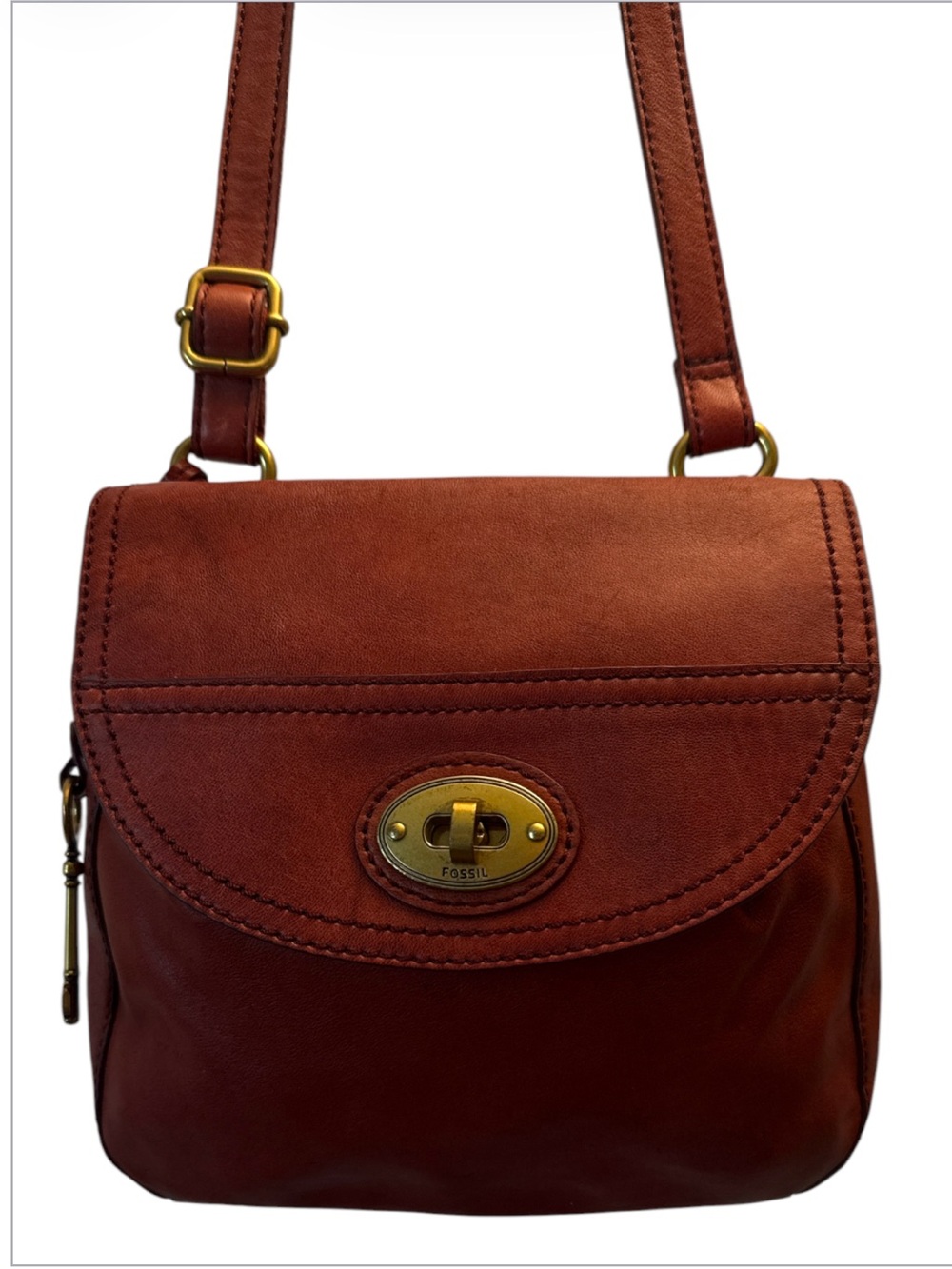 Fossil Chestnut Brown Leather Crossbody with Gold-Tone Turn Lock